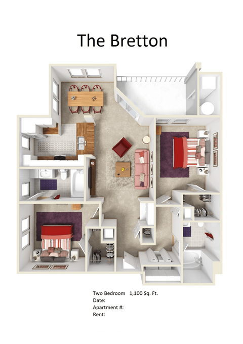 Floor plan for 2 beds, 2 baths, 1100 sqft